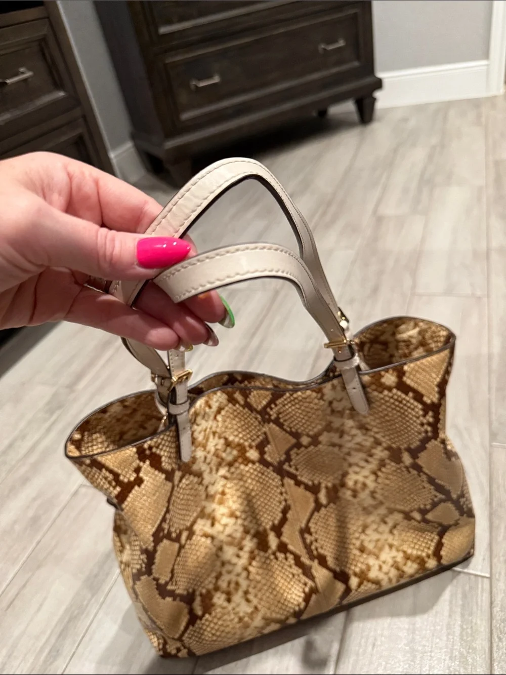 Michael Kors Brown Snake-Print Tote with Cream Handles